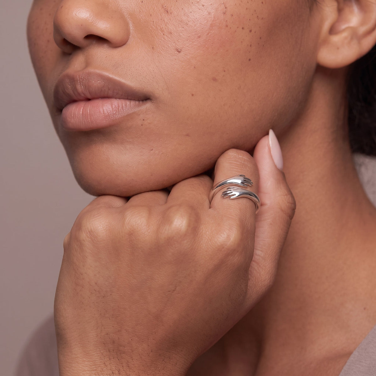 Adjustable Hug Open Ring — Silver, worn