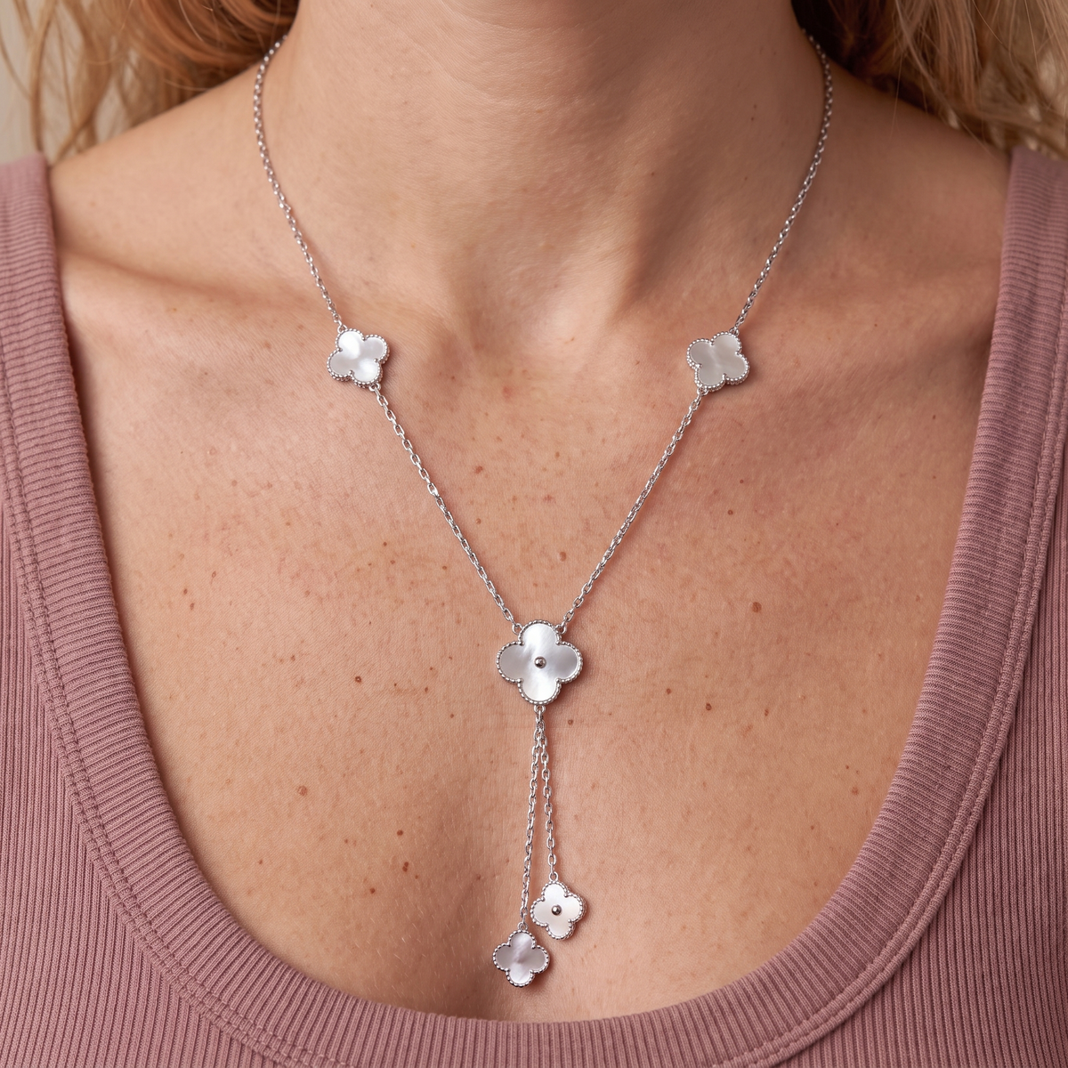 Fluted Clover Lariat Necklace — Platinum, worn