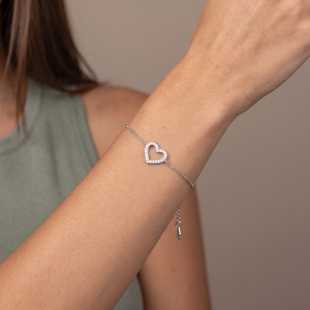 Open Heart CZ Bracelet — Platinum, worn