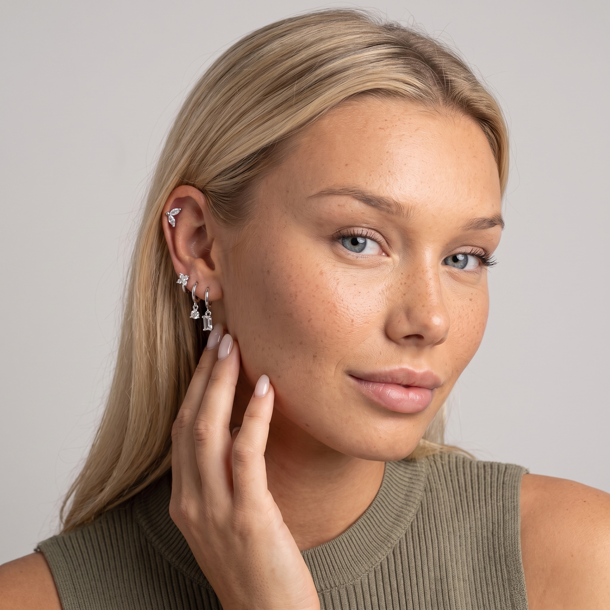CZ Huggie Stud Earring Set — Silver, worn