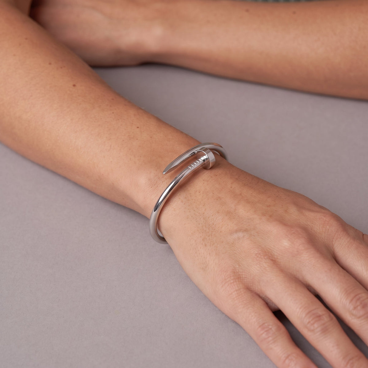 Nail Wrap Bangle Bracelet — Silver, worn