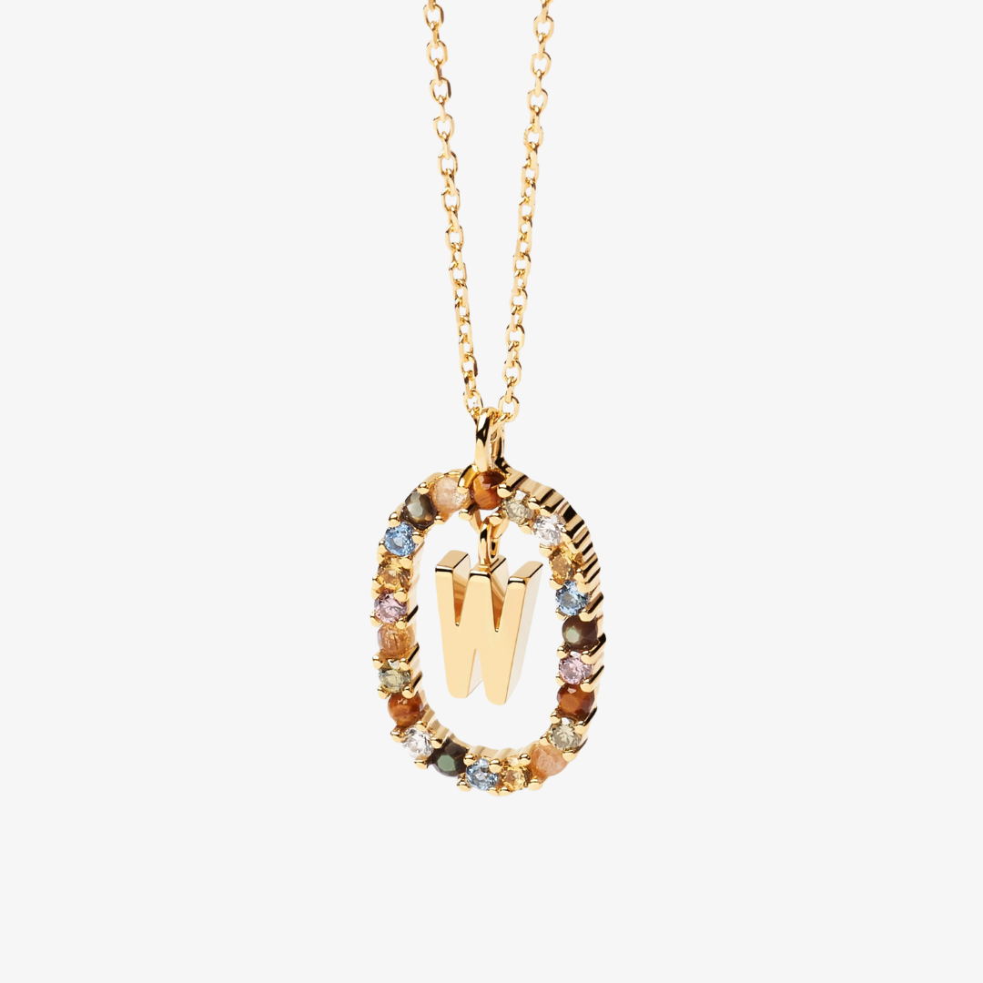 Collier pendentif initiale doré avec pierre colorée