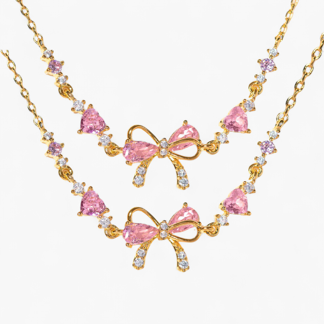 Dainty Bow Heart Bracelet Set — Rose Gold