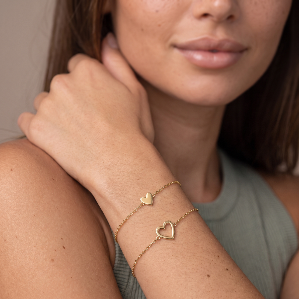 Adjustable Heart Bracelet Set — Gold, worn