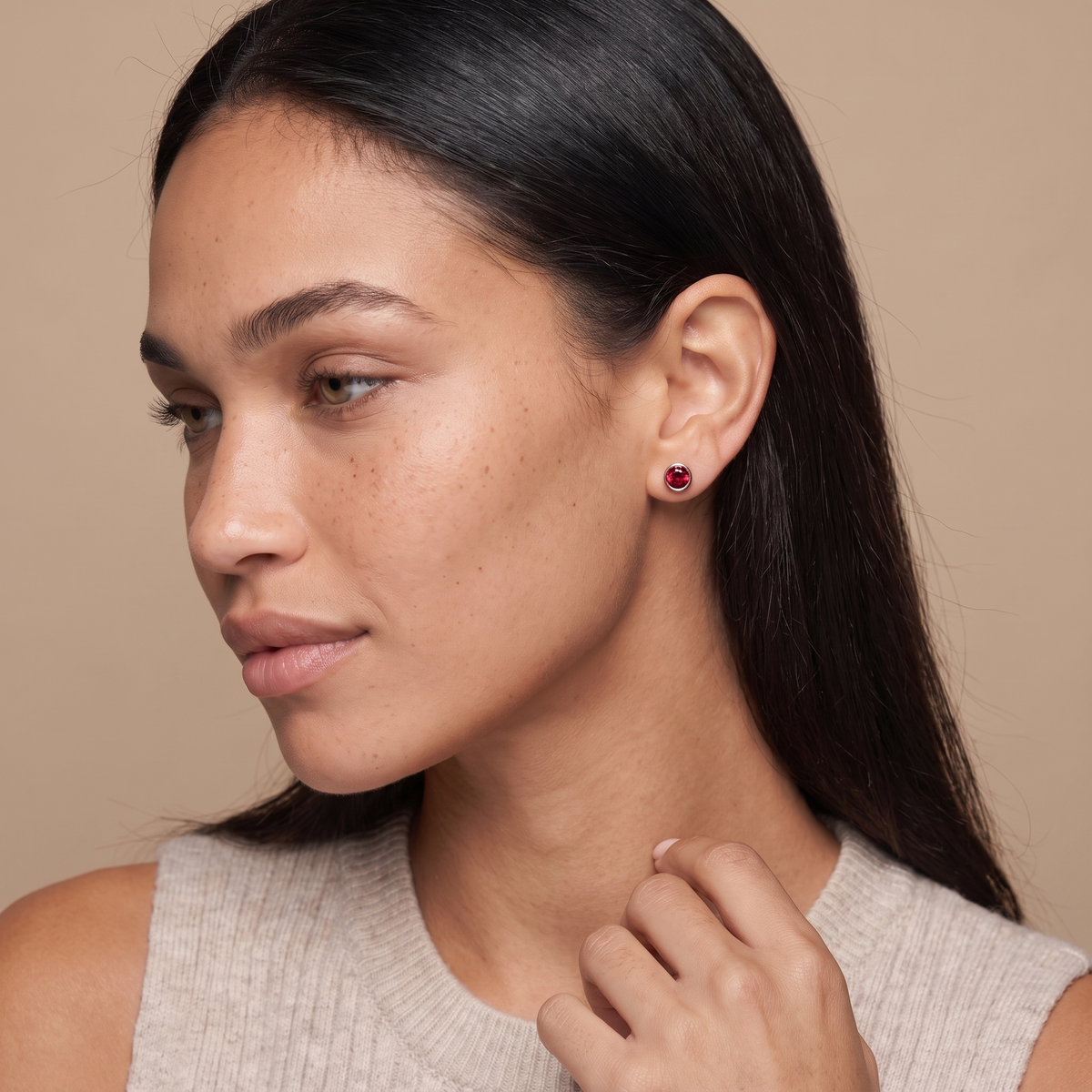 Bezel Flat Back Stud Earrings — Gold, worn