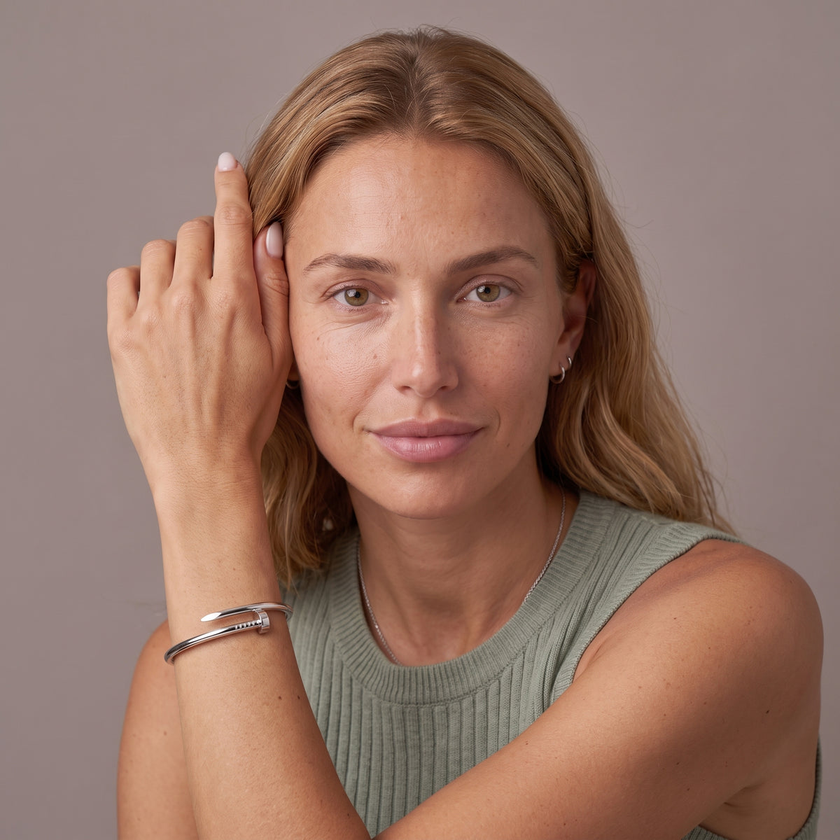 Nail Wrap Bangle Bracelet — Silver, worn