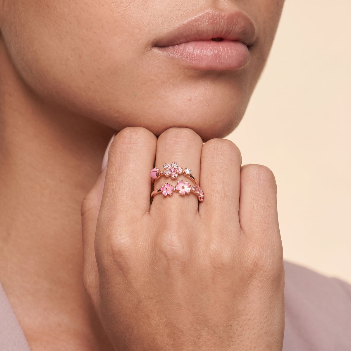 Cherry Blossom Open Ring — Rose Gold, worn