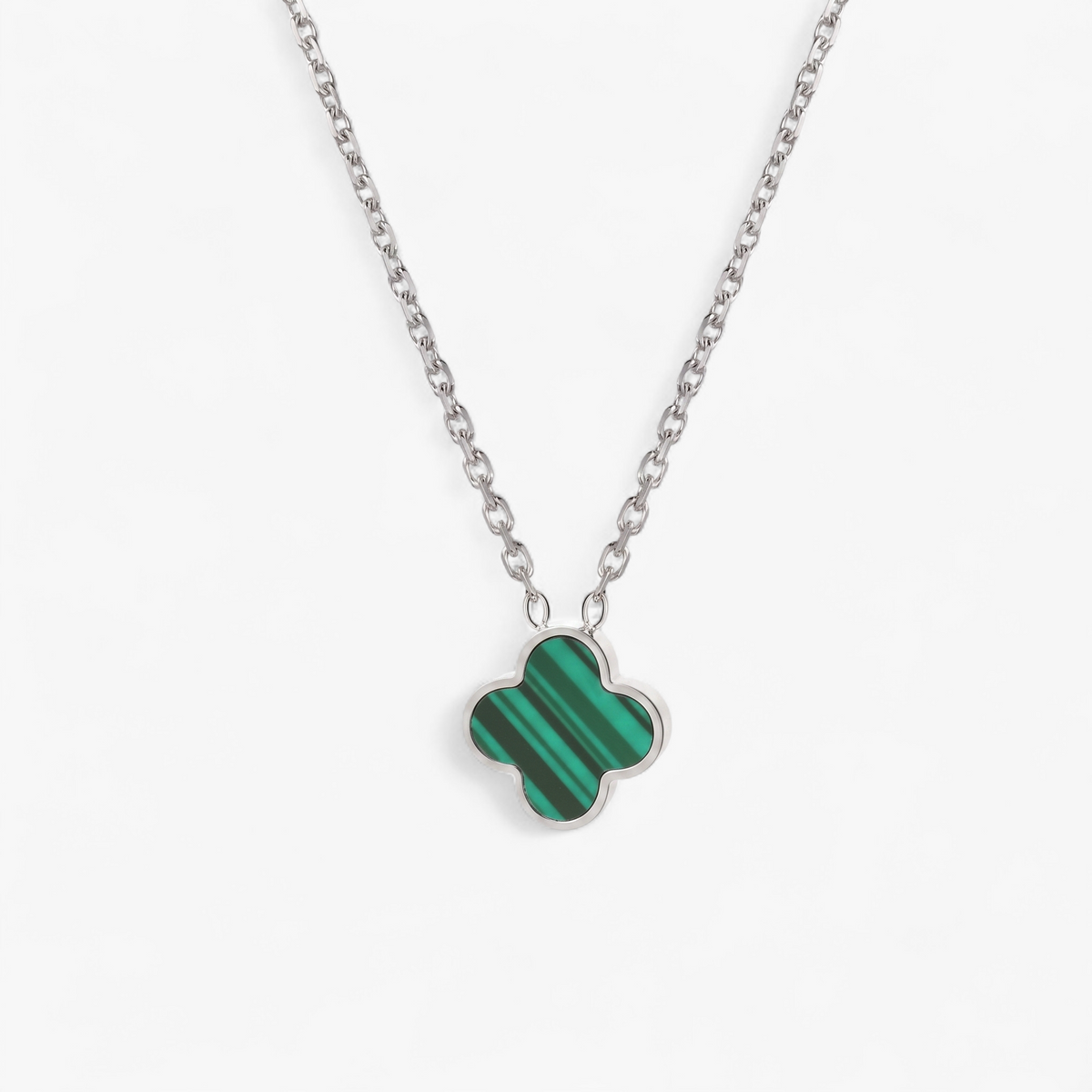 Malachite Clover Pendant Necklace — Platinum