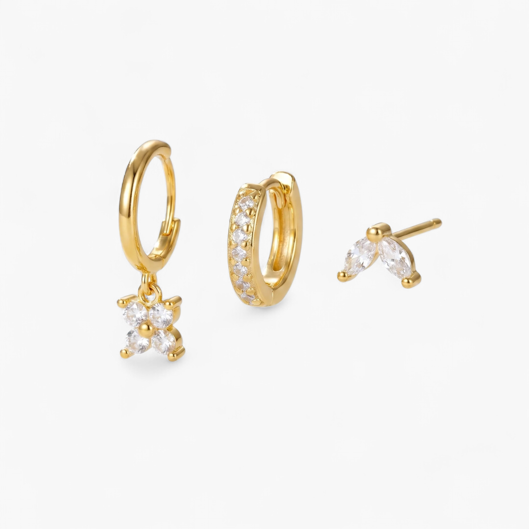 Clover Charm Huggie Earring Set — Pearl White Gold