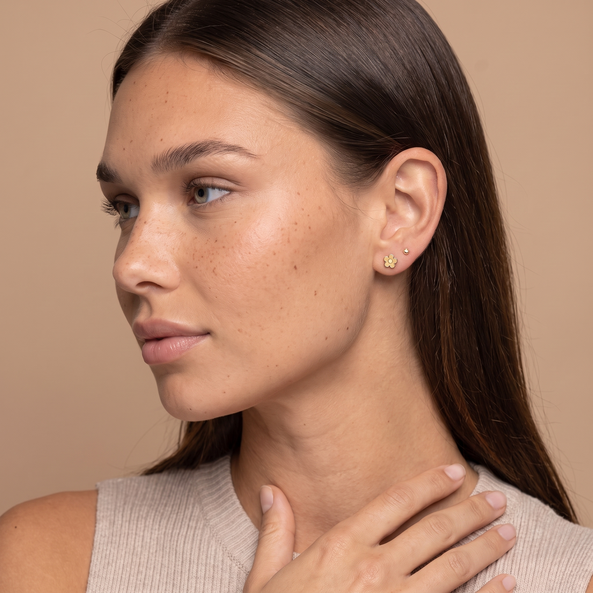 Daisy Flat Back Stud Earrings — Gold, worn