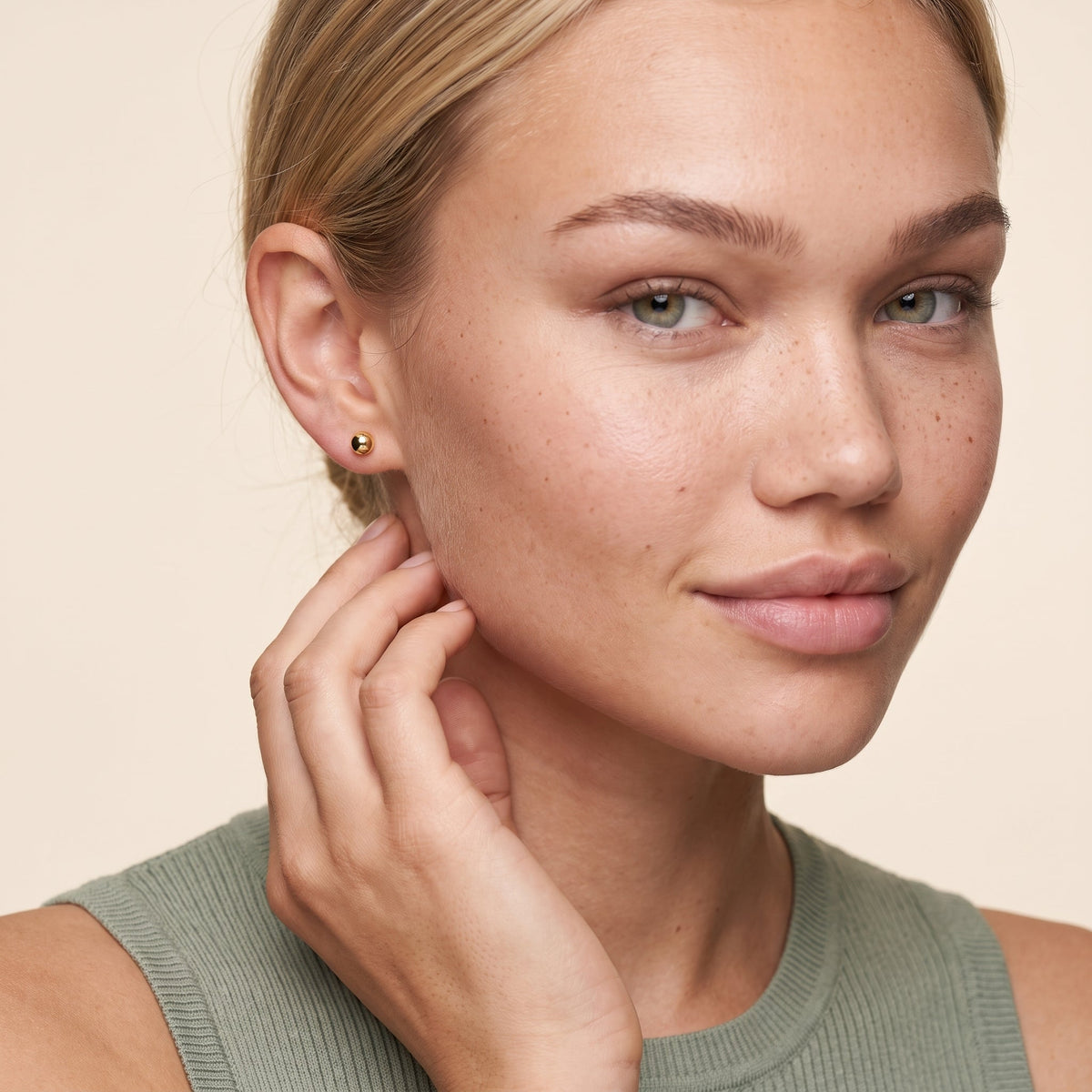 Sphere Screw Back Stud Earrings — Gold, worn