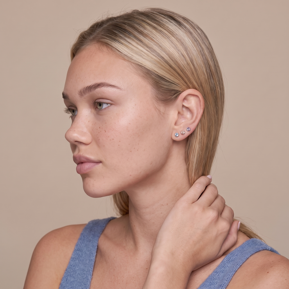 Bezel Flat Back Stud Earrings — Silver, worn