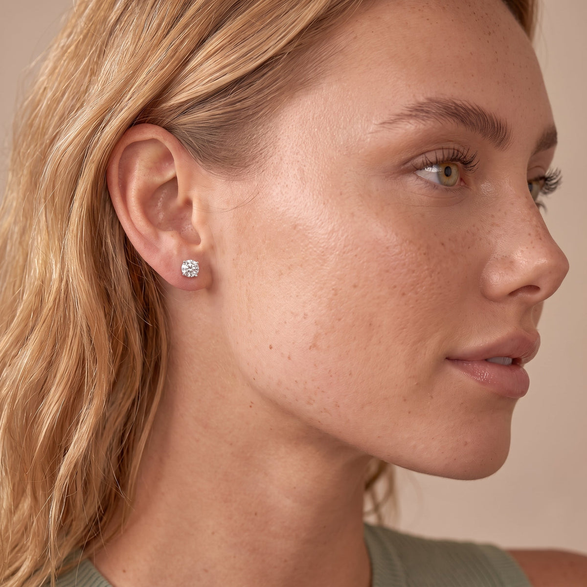 CZ Screw Flat Back Stud Earrings — Silver, worn