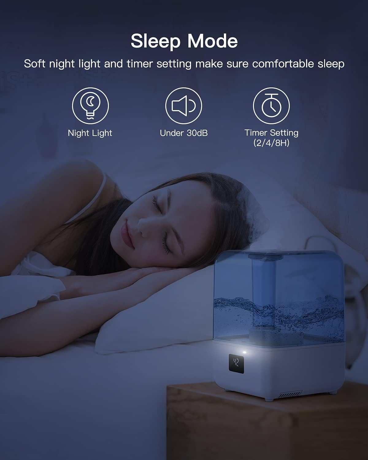 Cool Mist Humidifier for Bedroom 4.5L, 50H Runtime, Timer, Night Light