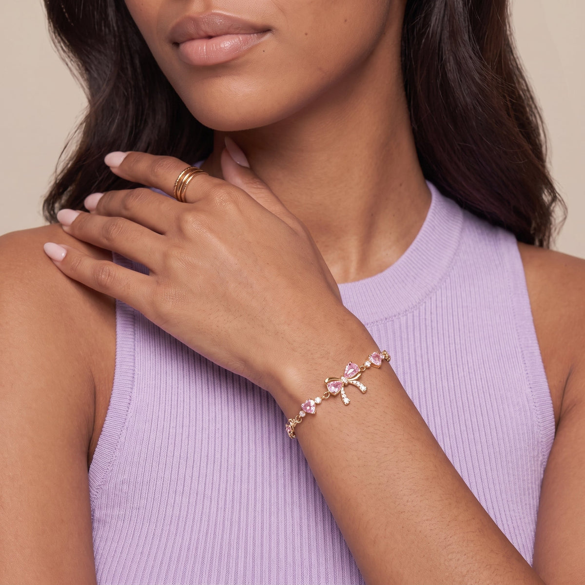 Dainty Bow Heart Bracelet Set — Gold, worn