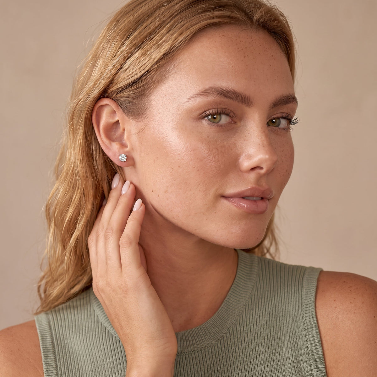 CZ Screw Flat Back Stud Earrings — Silver, worn