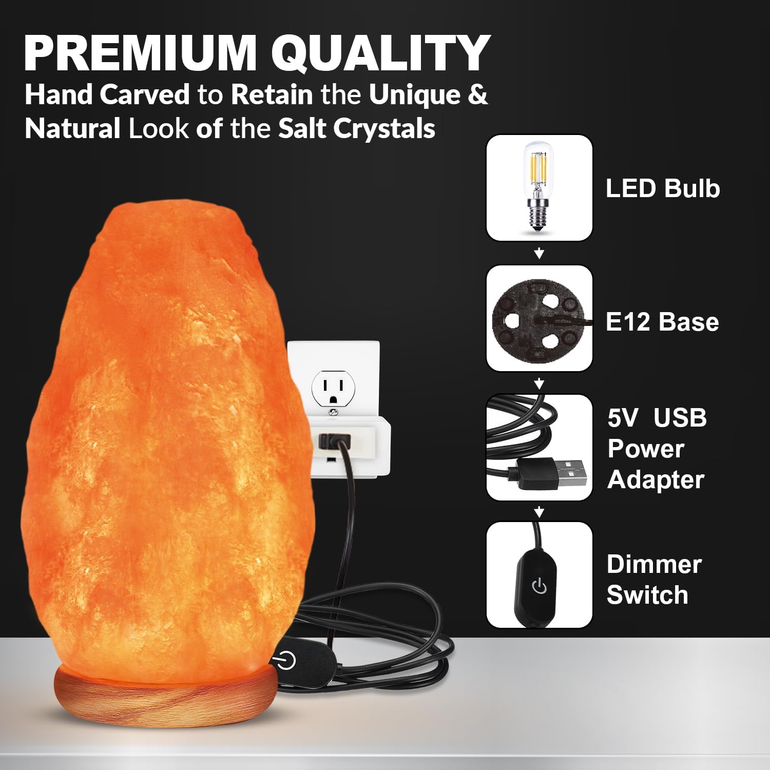 Himalayan Salt Lamp, Hand-Carved Crystal, Touch Dimmer, USB, Neem Wood