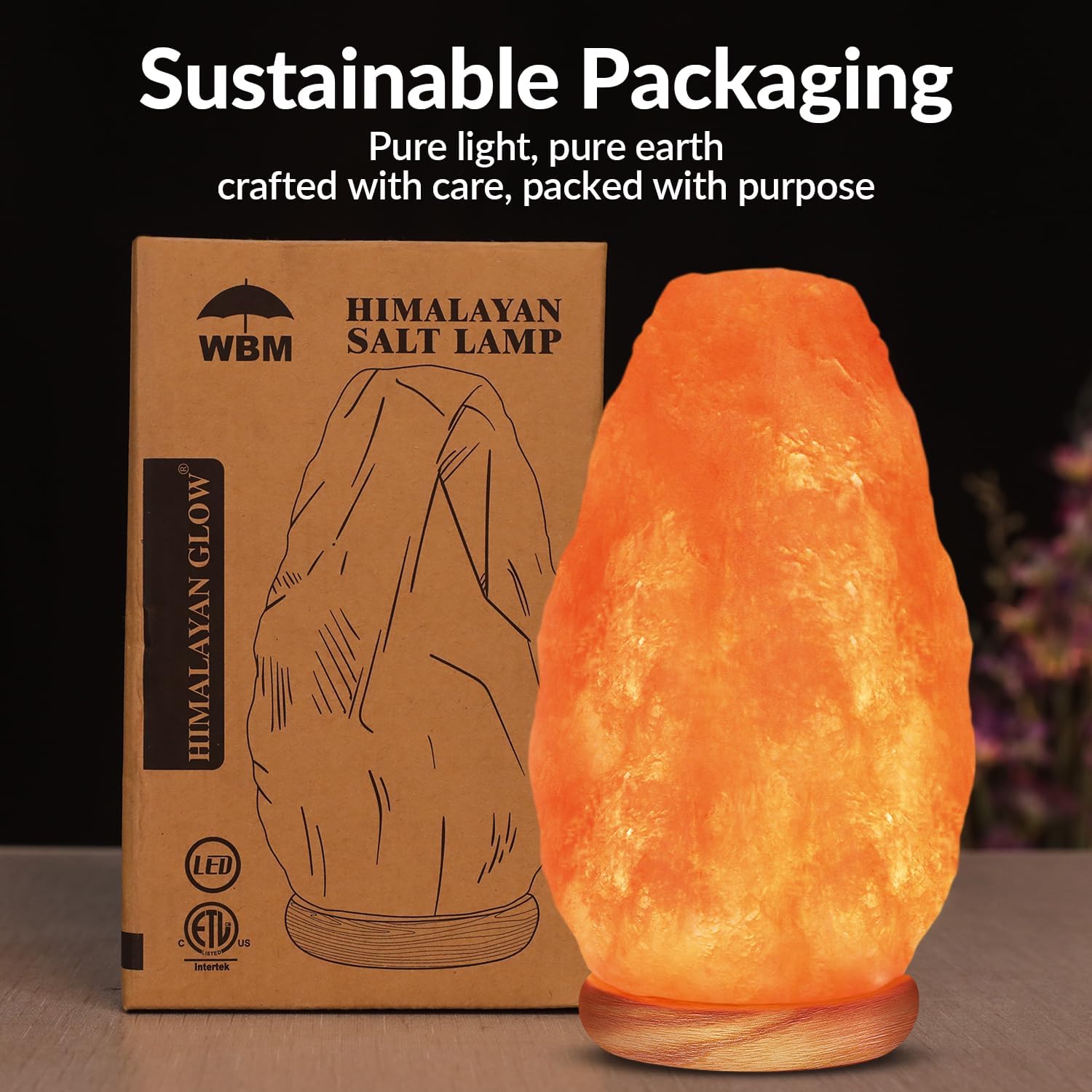 Himalayan Salt Lamp, Hand-Carved Crystal, Touch Dimmer, USB, Neem Wood