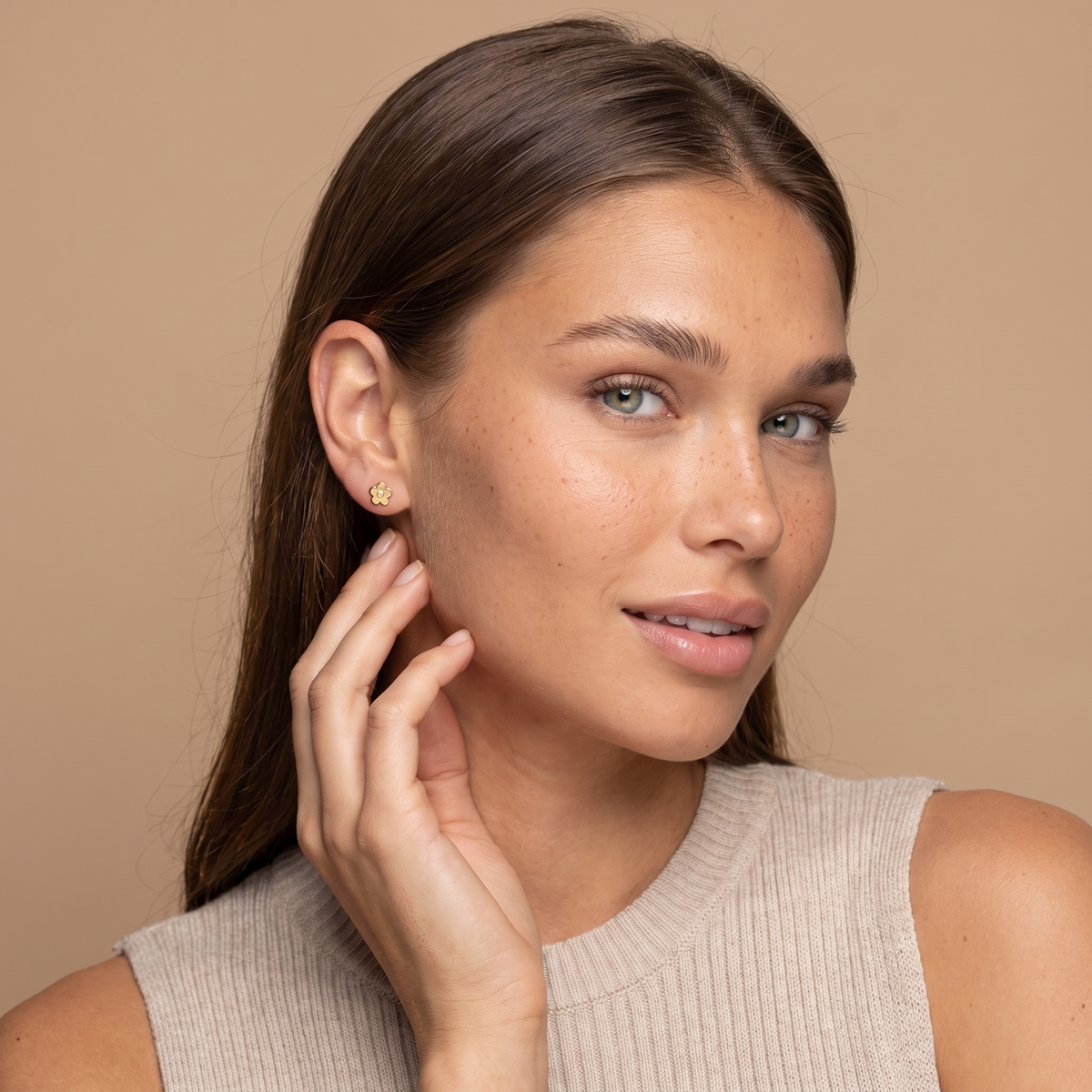 Daisy Flat Back Stud Earrings — Gold, worn