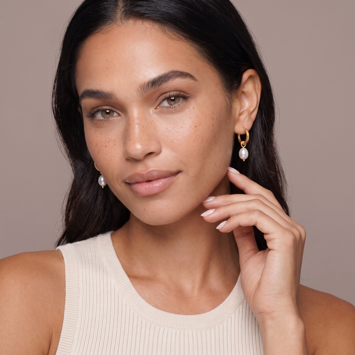 Pearl Drop Huggie Hoop Earrings — Default Title, worn