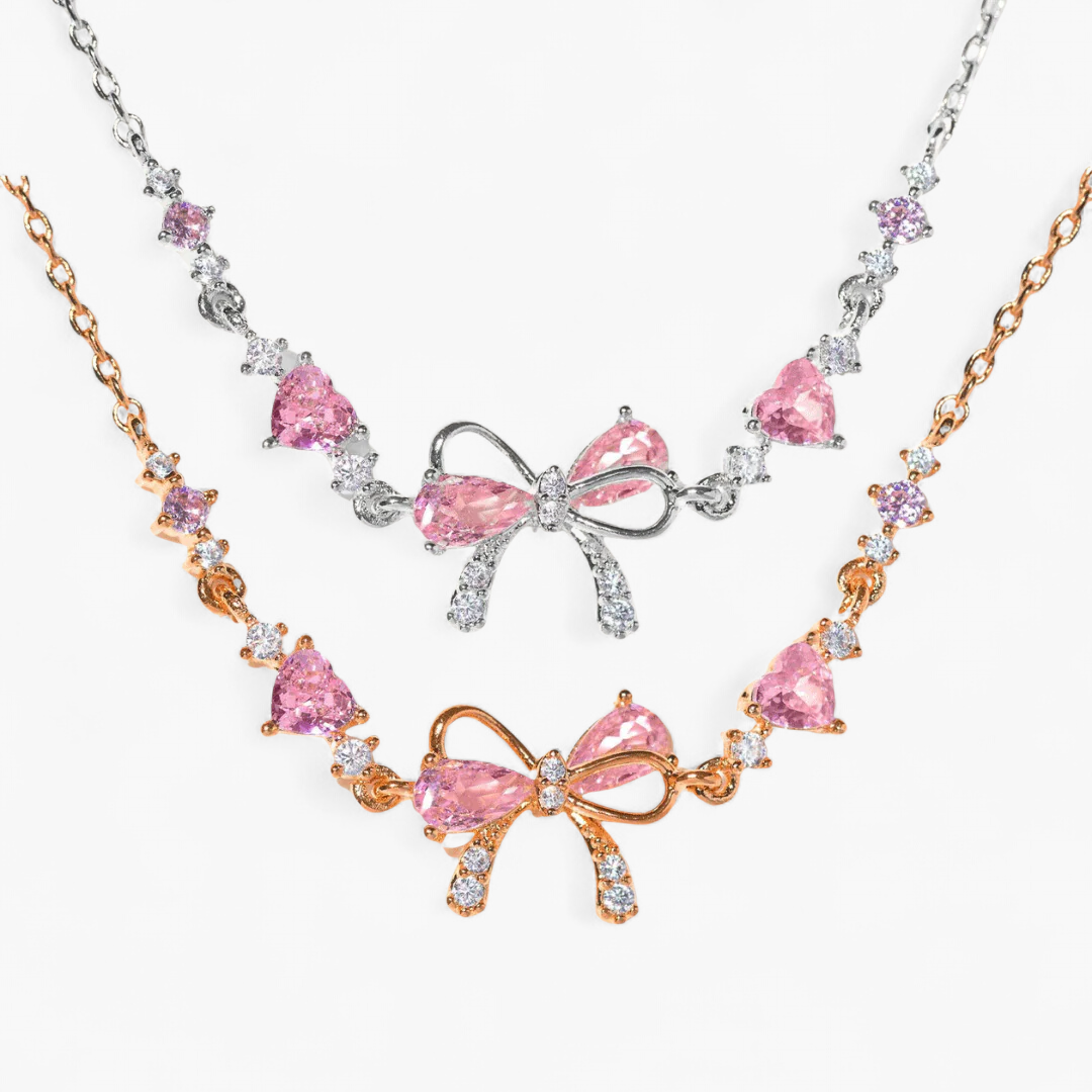 Dainty Bow Heart Bracelet Set — Silver & Rose Gold