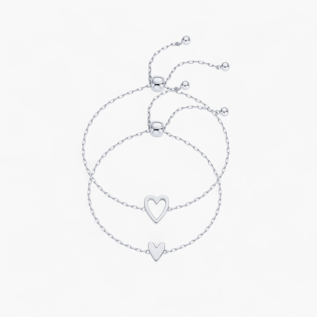Adjustable Heart Bracelet Set — Silver
