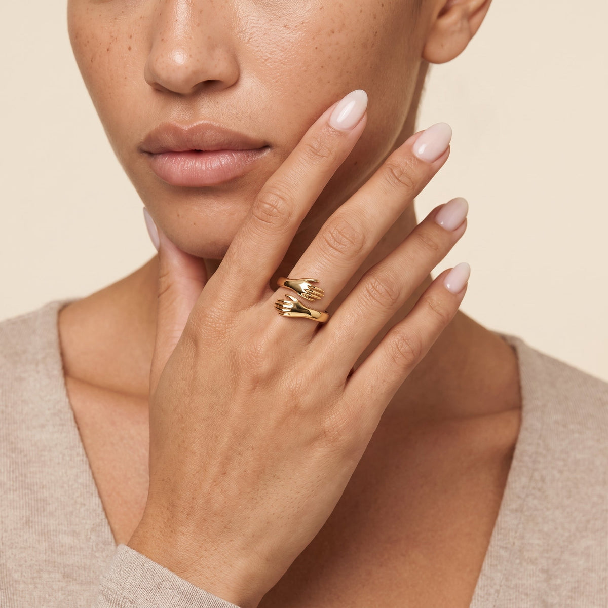 Adjustable Hug Open Ring — Gold, worn