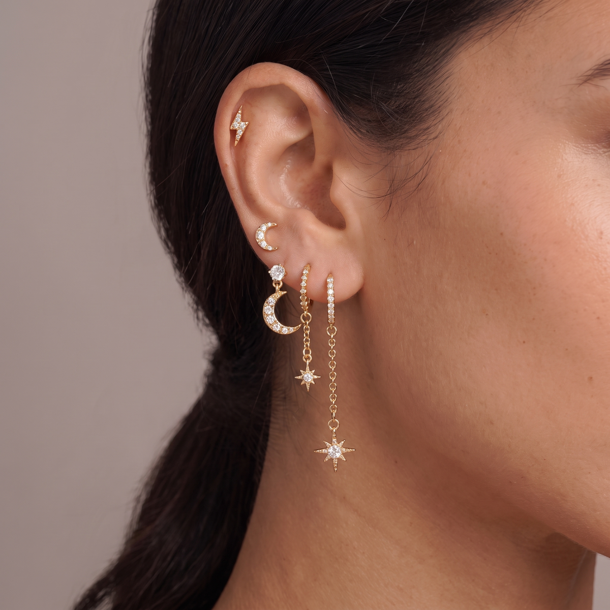 Celestial Star Moon Earring Set — Moonlight Gold, worn