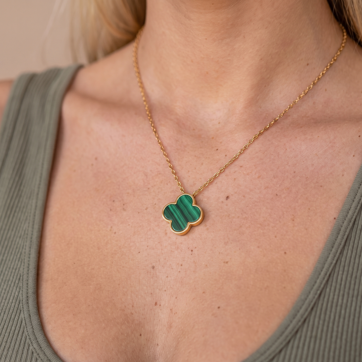 Malachite Clover Pendant Necklace — Gold, worn