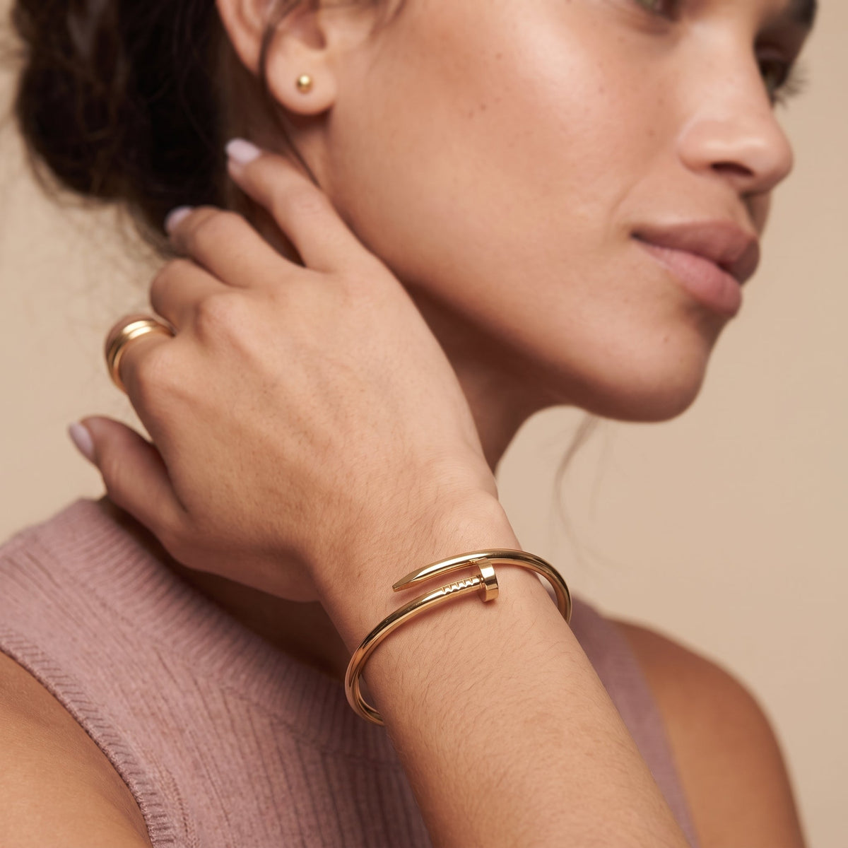 Nail Wrap Bangle Bracelet — Gold, worn