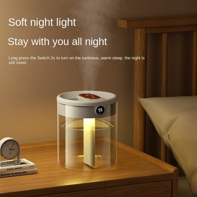Air Humidifier 2L, Dual Mist Output, Digital Display, USB, Ambient Light