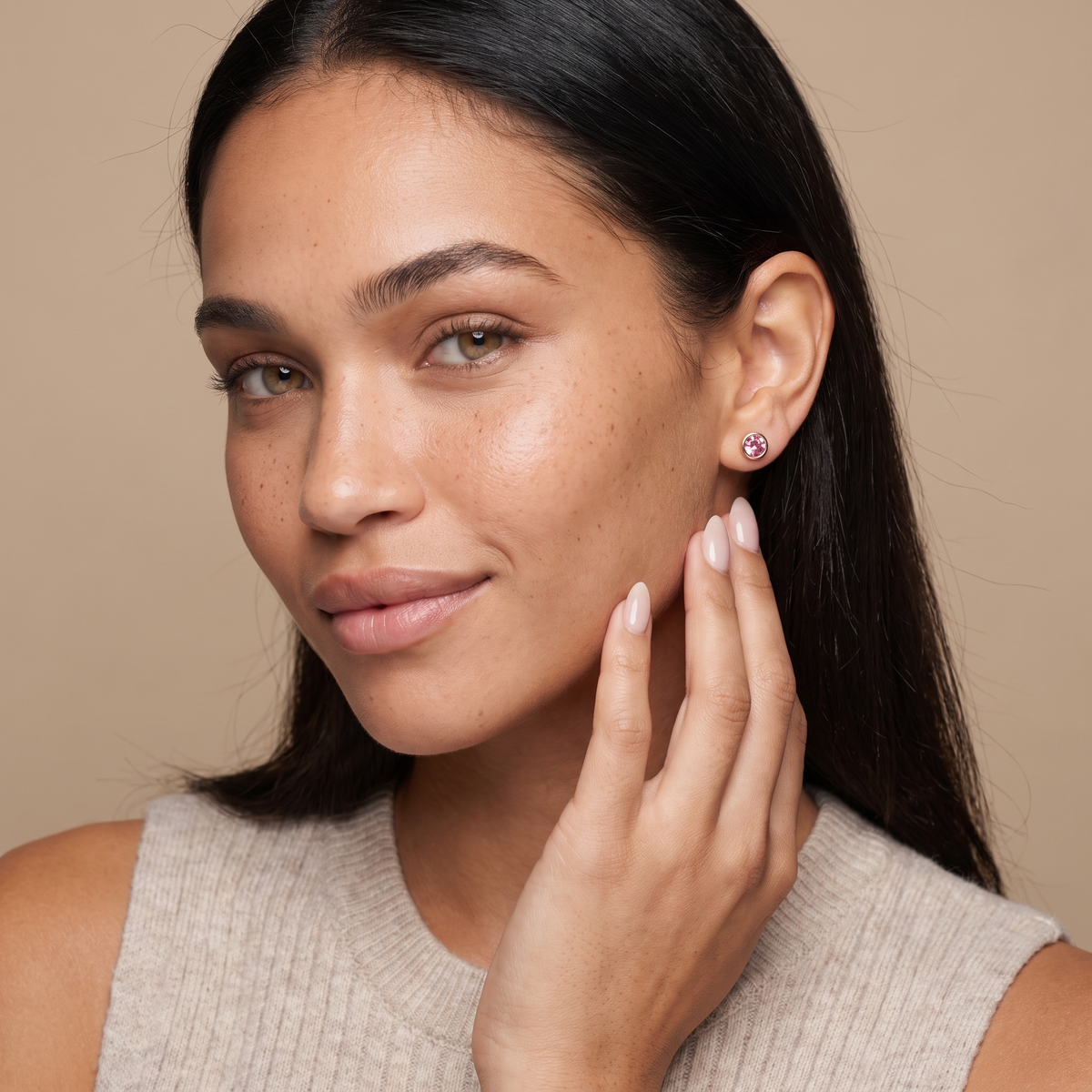Bezel Flat Back Stud Earrings — Gold, worn