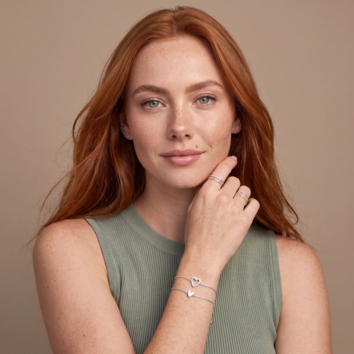 Adjustable Heart Bracelet Set — Silver, worn