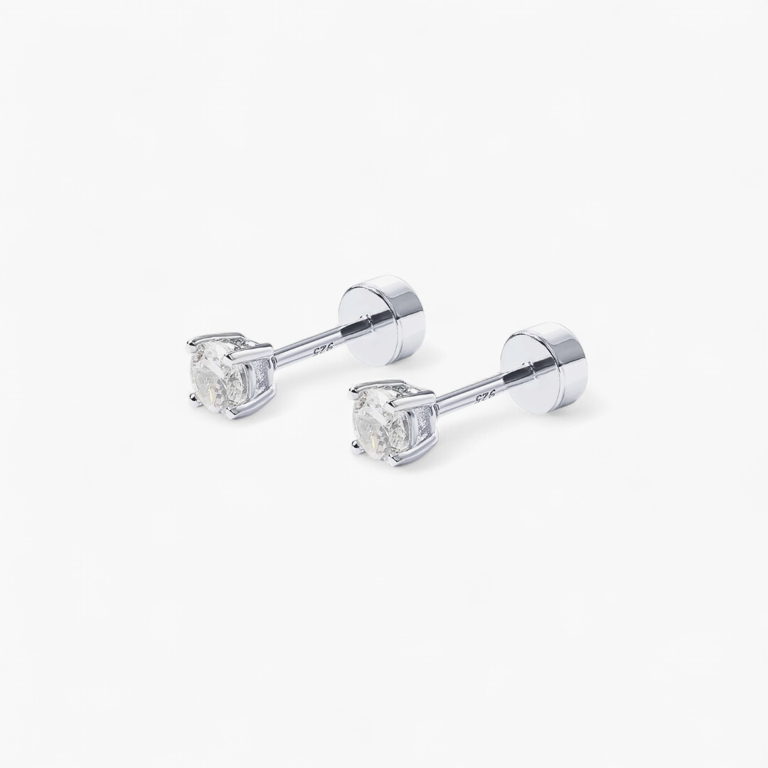 CZ Screw Flat Back Stud Earrings — Silver
