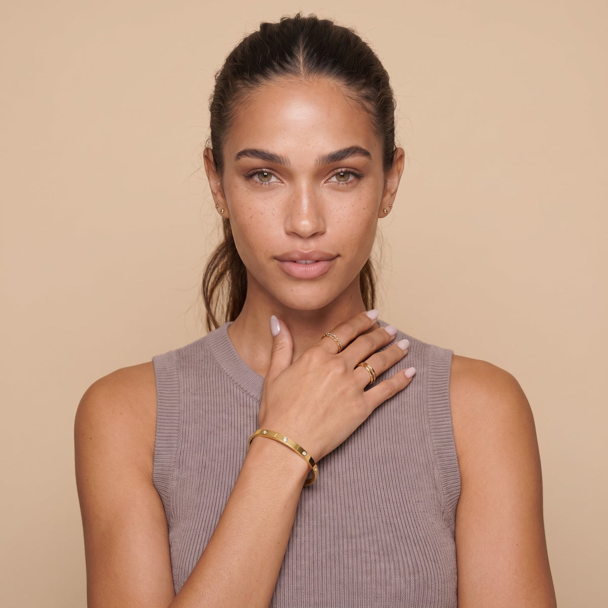 Bezel Set CZ Bangle Bracelet — Gold, worn