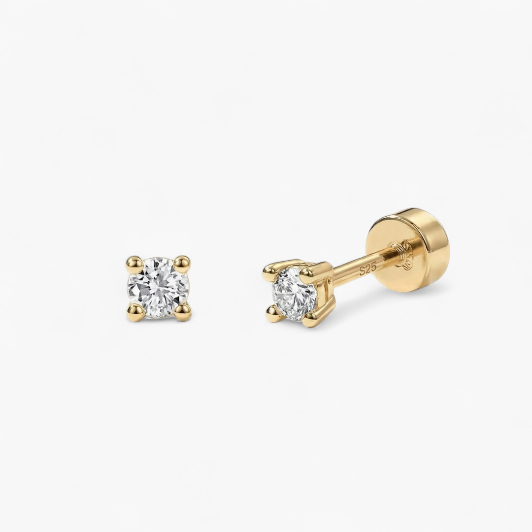 CZ Screw Flat Back Stud Earrings — Gold