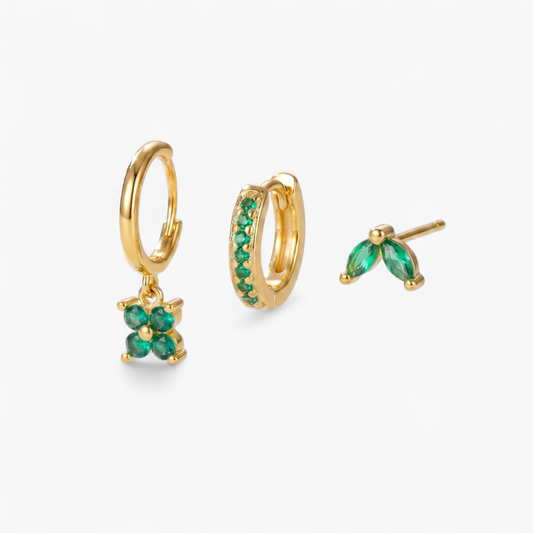 Clover Charm Huggie Earring Set — Pearl White Gold