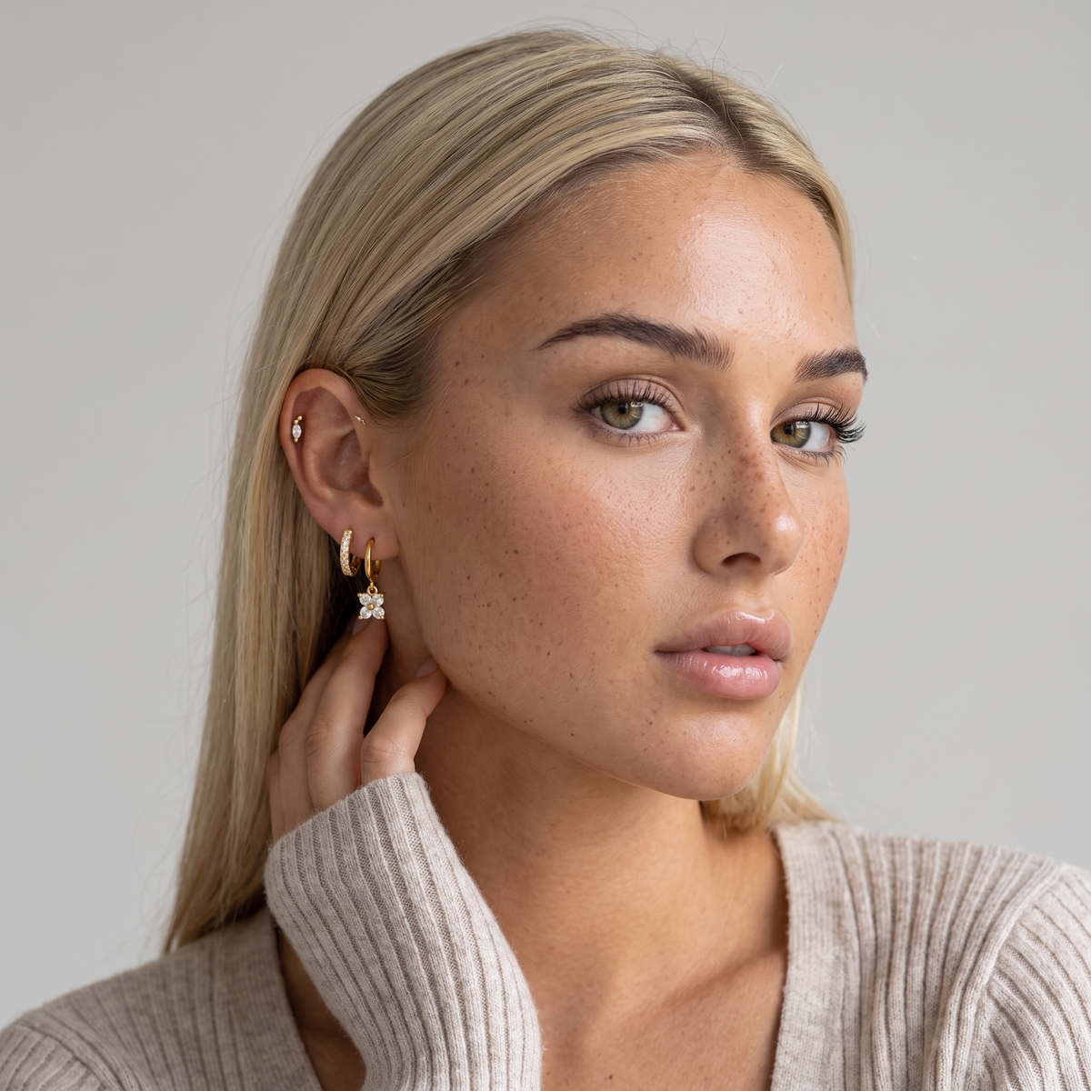 Clover Charm Huggie Earring Set — Pearl White Gold, worn