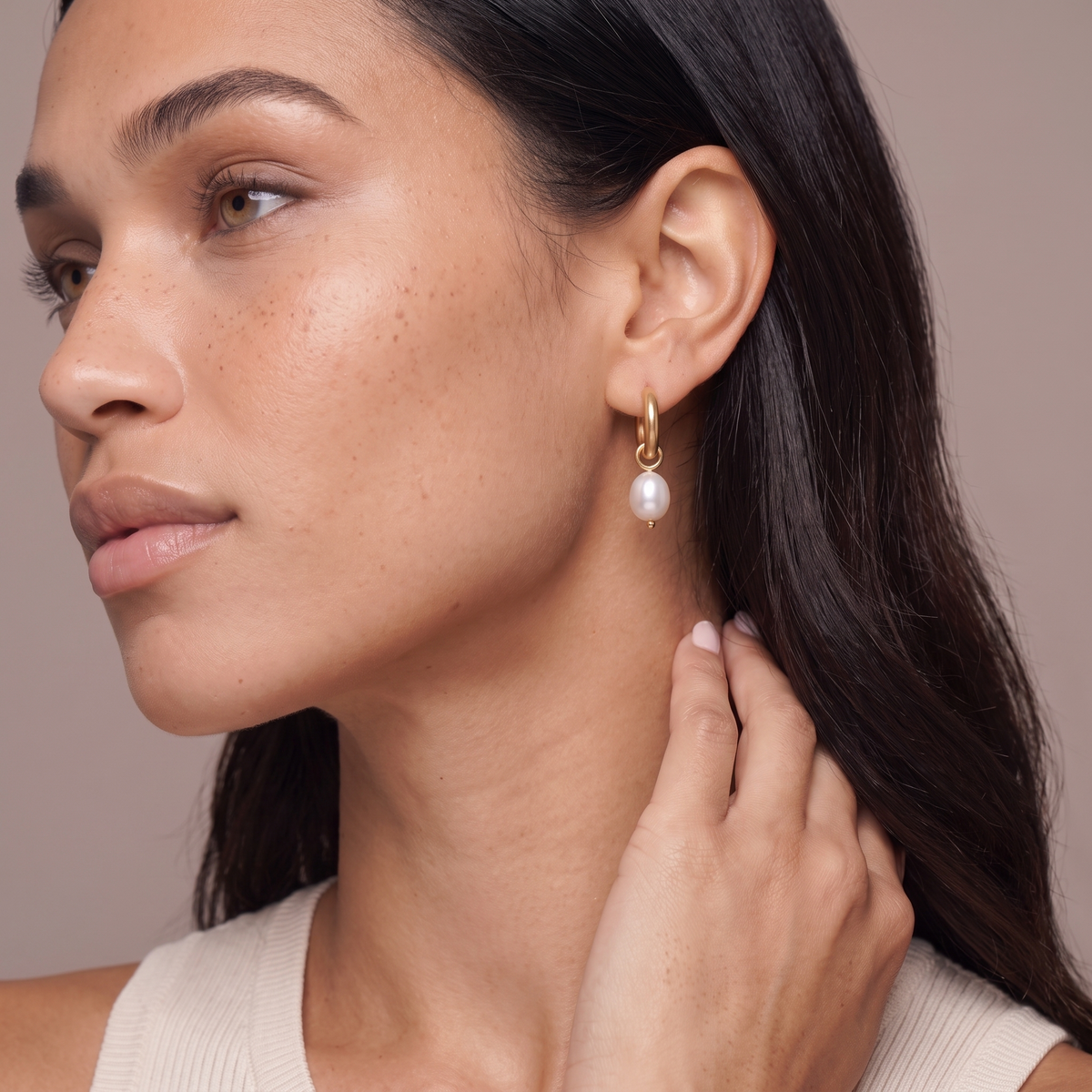 Pearl Drop Huggie Hoop Earrings — Default Title, worn