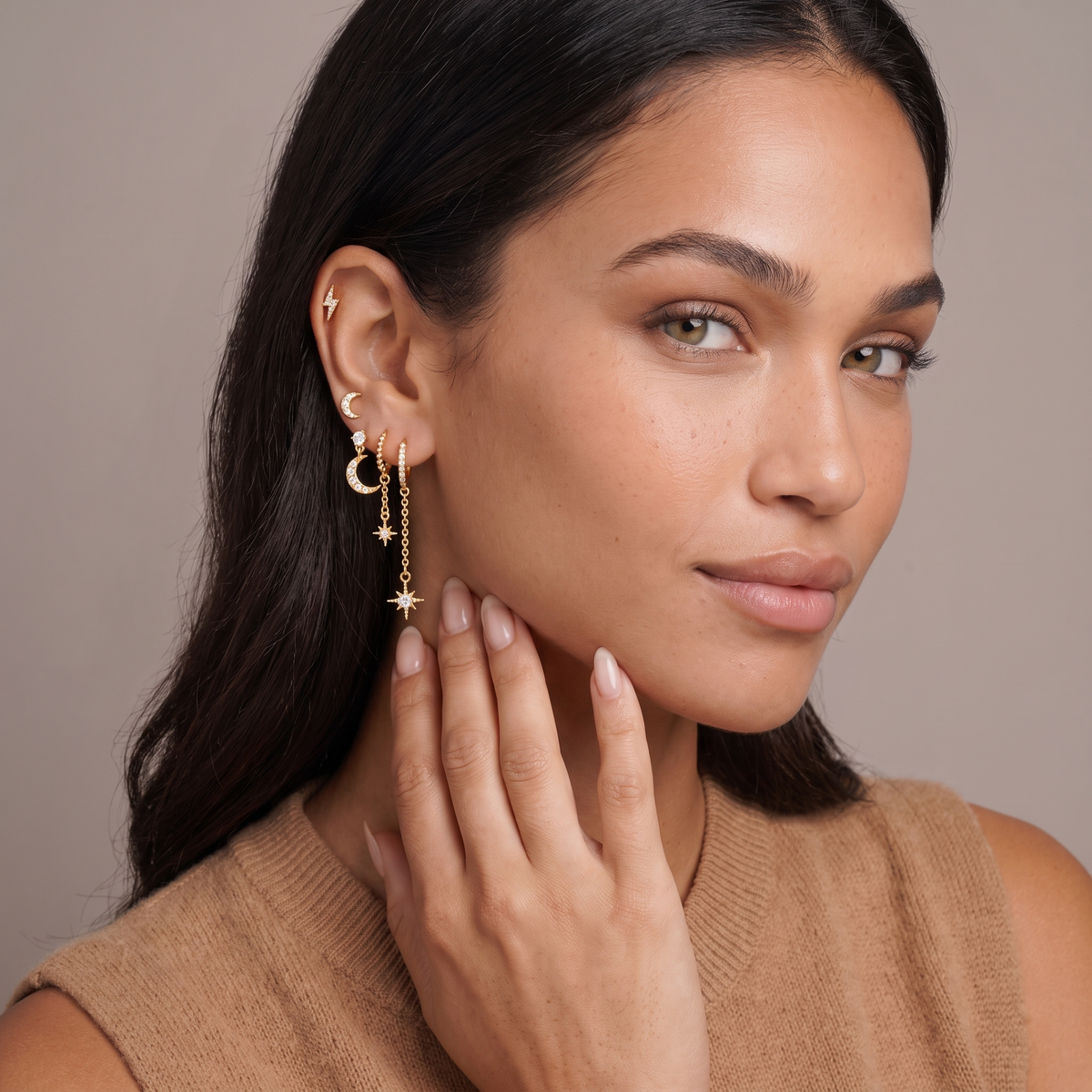 Celestial Star Moon Earring Set — Moonlight Gold, worn