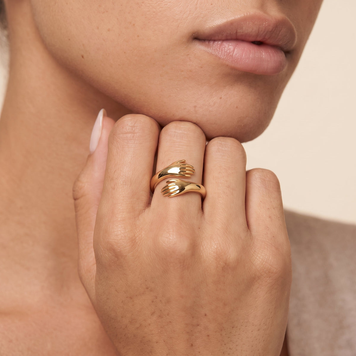 Adjustable Hug Open Ring — Gold, worn