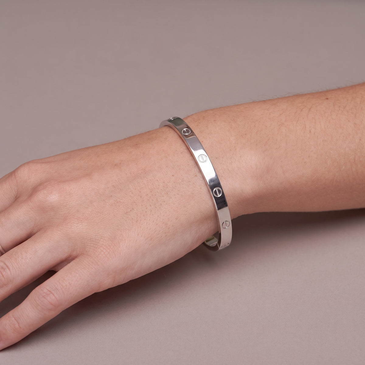Bezel Set CZ Bangle Bracelet — Silver, worn
