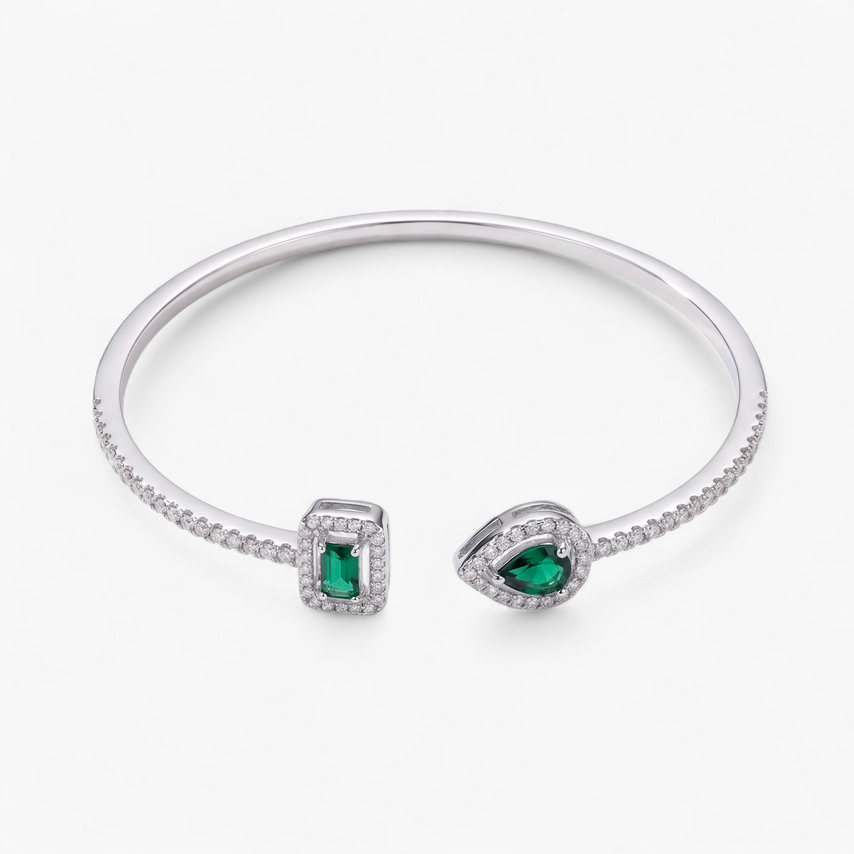 Gemstone Cuff Bangle Bracelet - Silver + Green