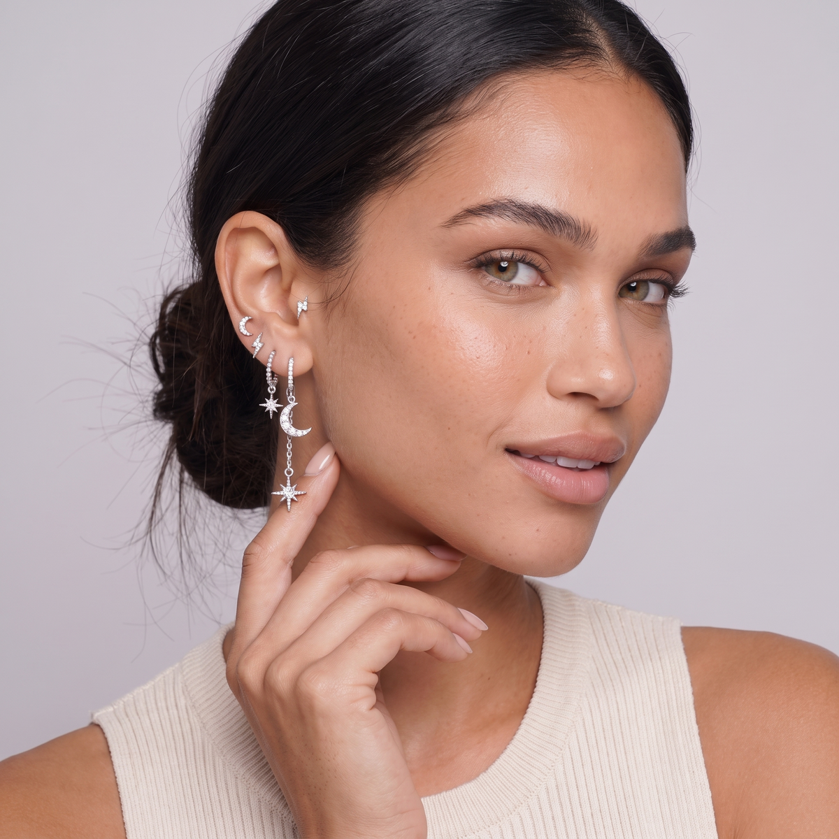 Celestial Star Moon Earring Set — Moonlight Silver, worn