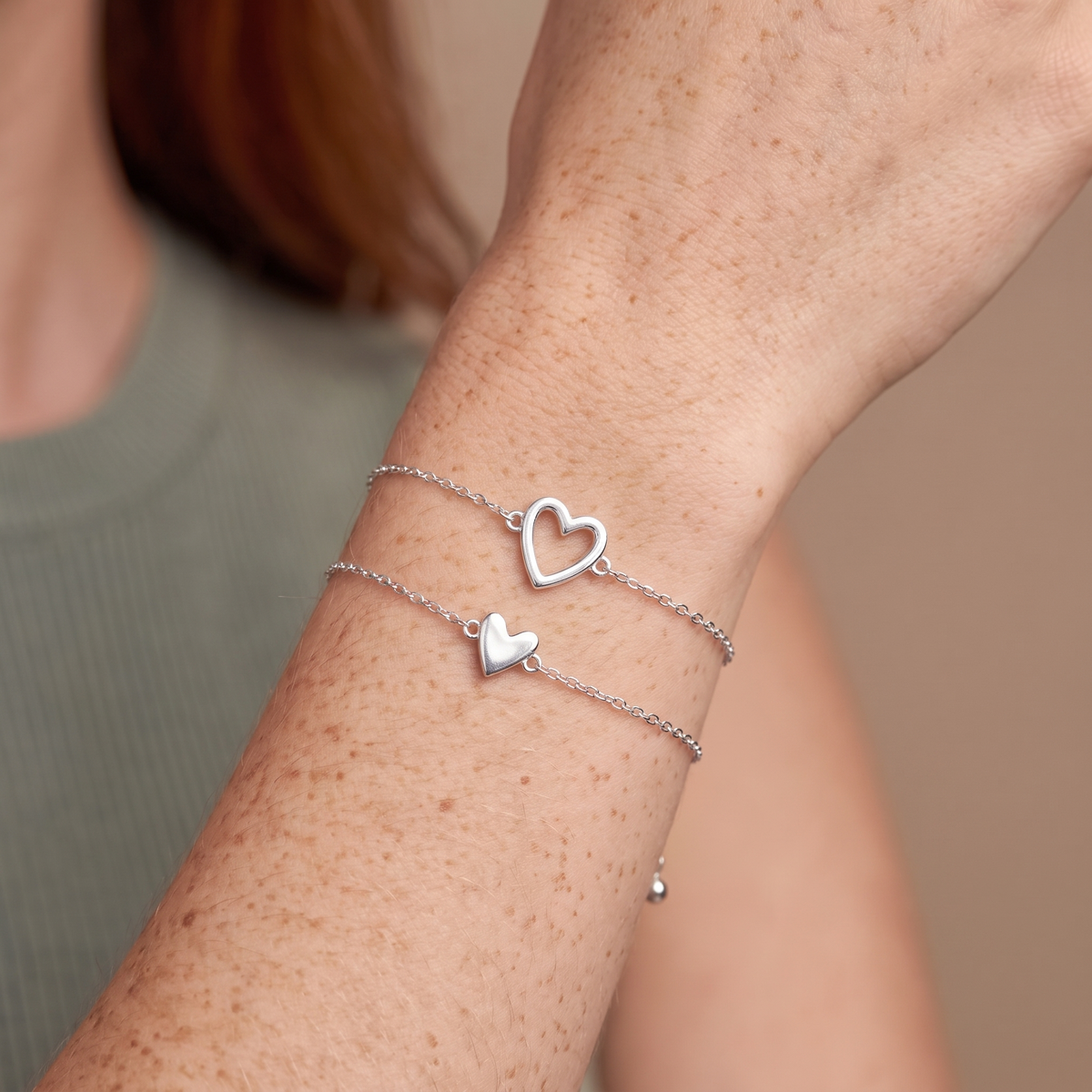 Adjustable Heart Bracelet Set — Silver, worn