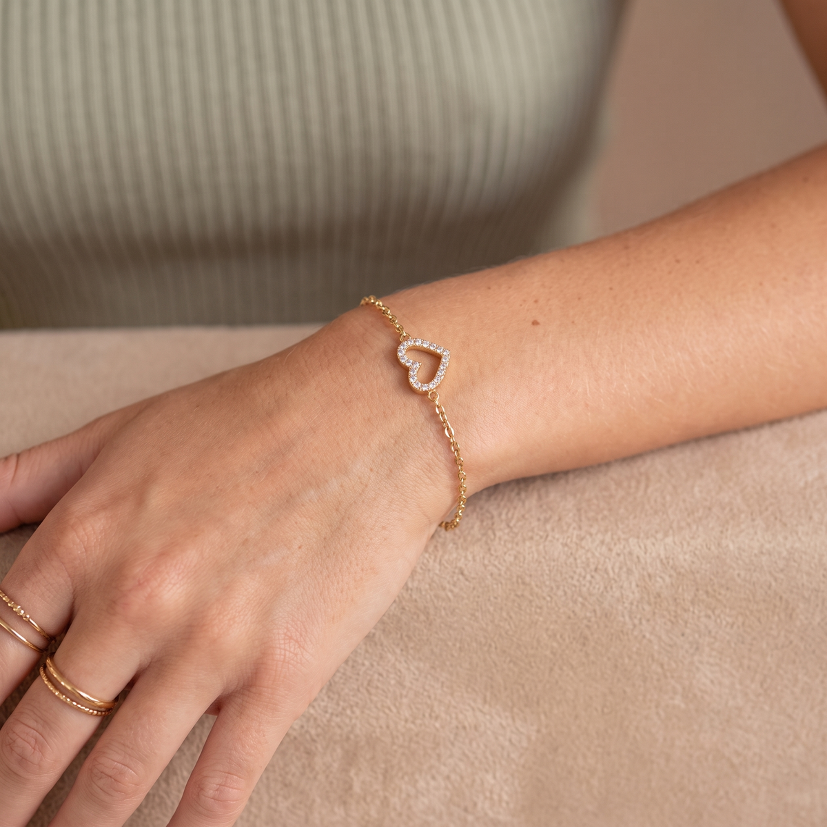 Open Heart CZ Bracelet — Gold, worn
