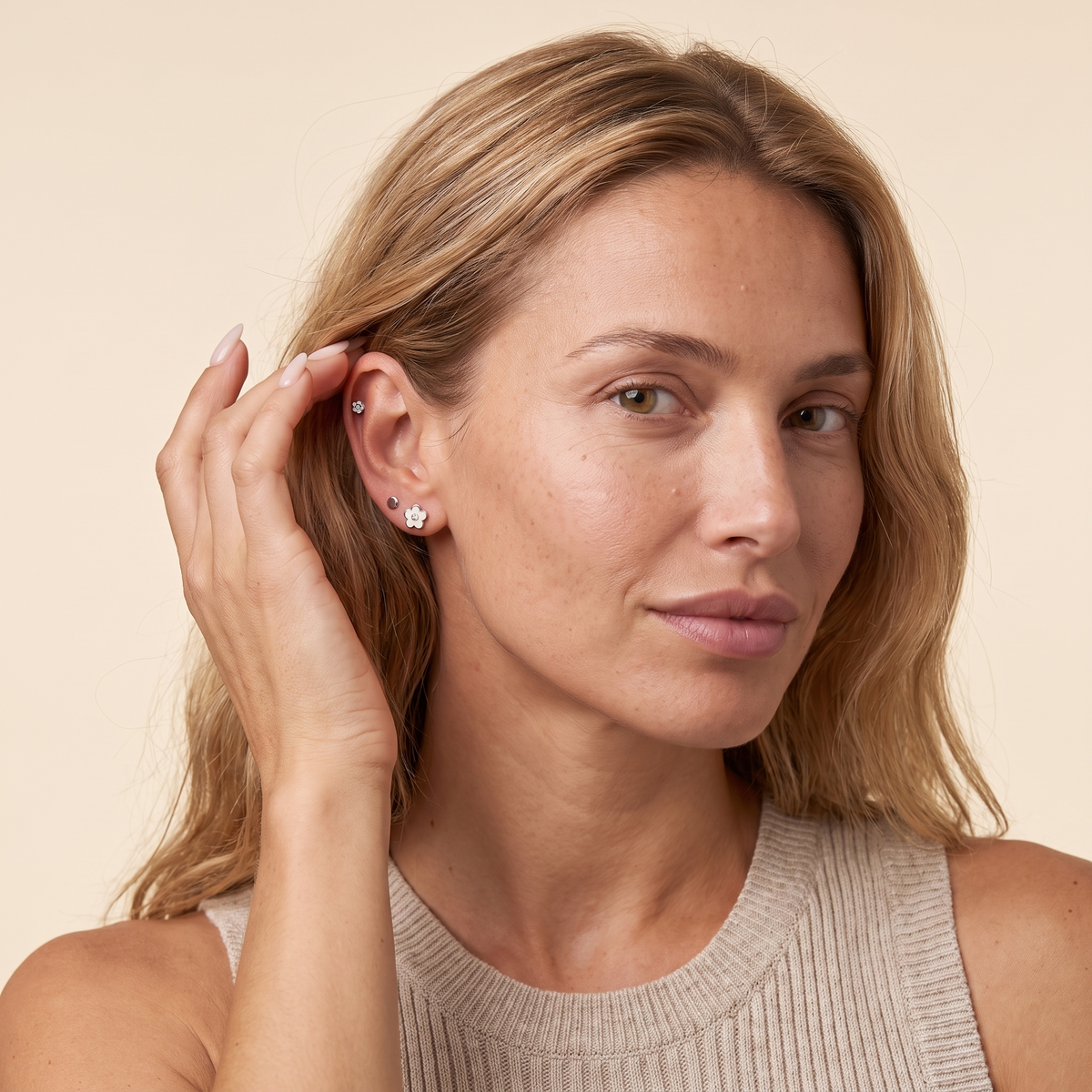 Daisy Flat Back Stud Earrings — Silver, worn