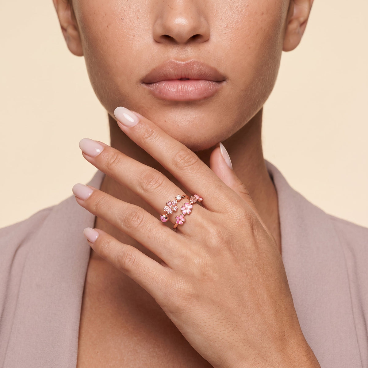 Cherry Blossom Open Ring — Rose Gold, worn