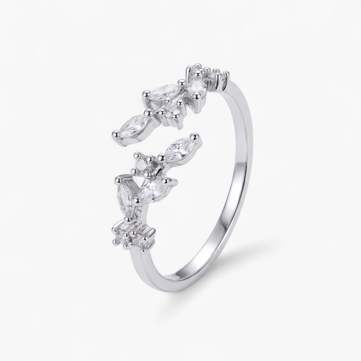 Adjustable Cubic Zirconia Leaf Ring - Silver