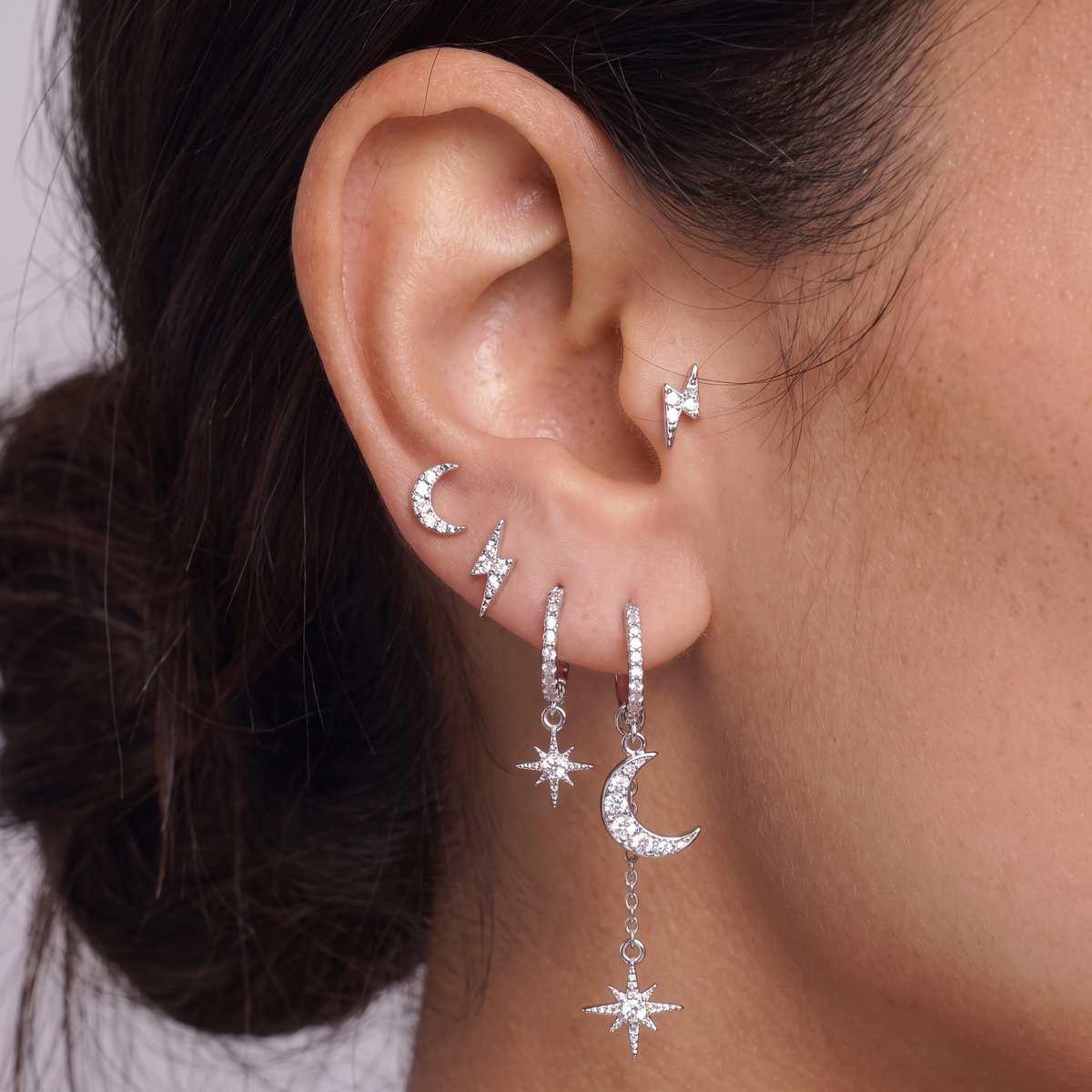 Celestial Star Moon Earring Set — Moonlight Silver, worn